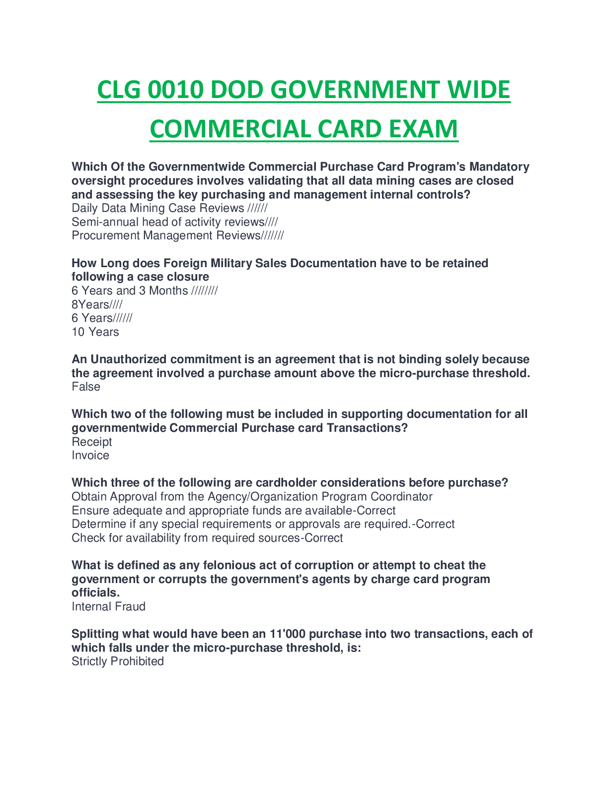 Preview image for CLG 0010 DOD GOVERNMENT WIDE COMMERCIAL CARD EXAM 100% SCORED SPRING SERIES.